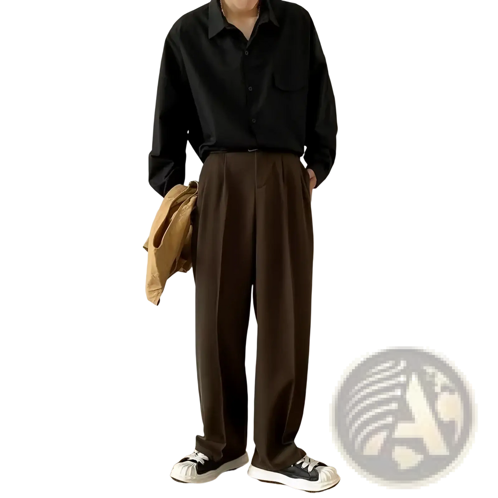 Black long sleeve button-up shirt with collar paired with men slim fit dress pants for smart casual wear