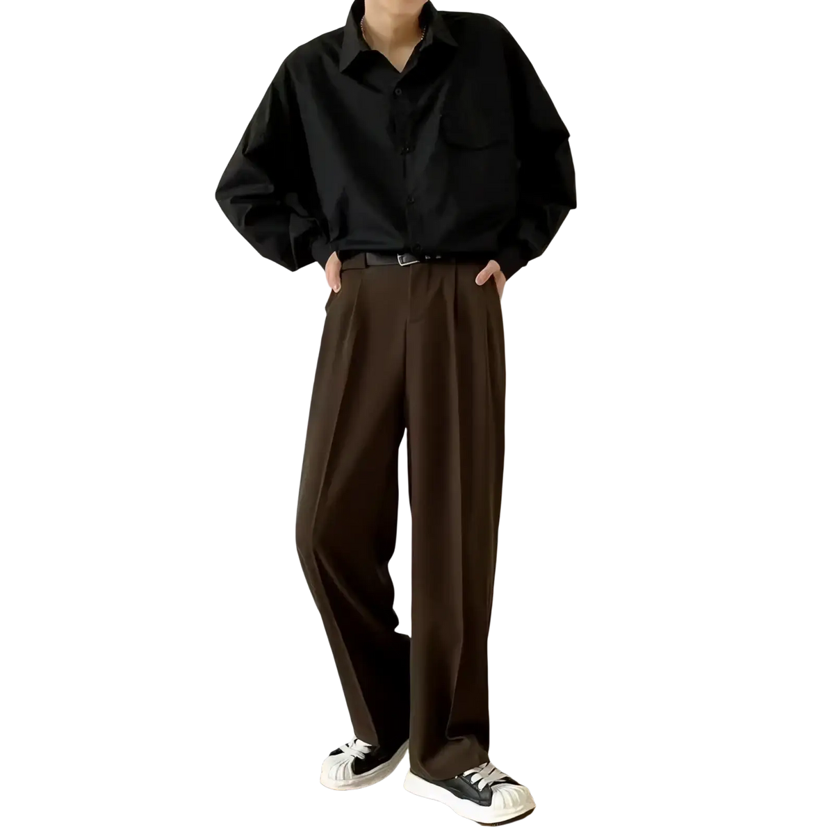 Black oversized button-up shirt with long sleeves and classic collar paired with men slim fit dress pants