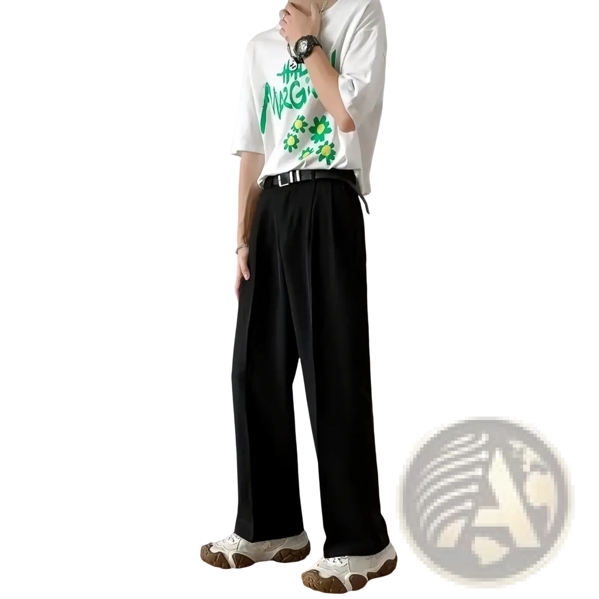 Black pleated wide-leg trousers with sleek modern cut and subtle texture for men slim fit smart casual wear