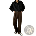 Black oversized button-up shirt with long sleeves and classic collar paired with men slim fit dress pants