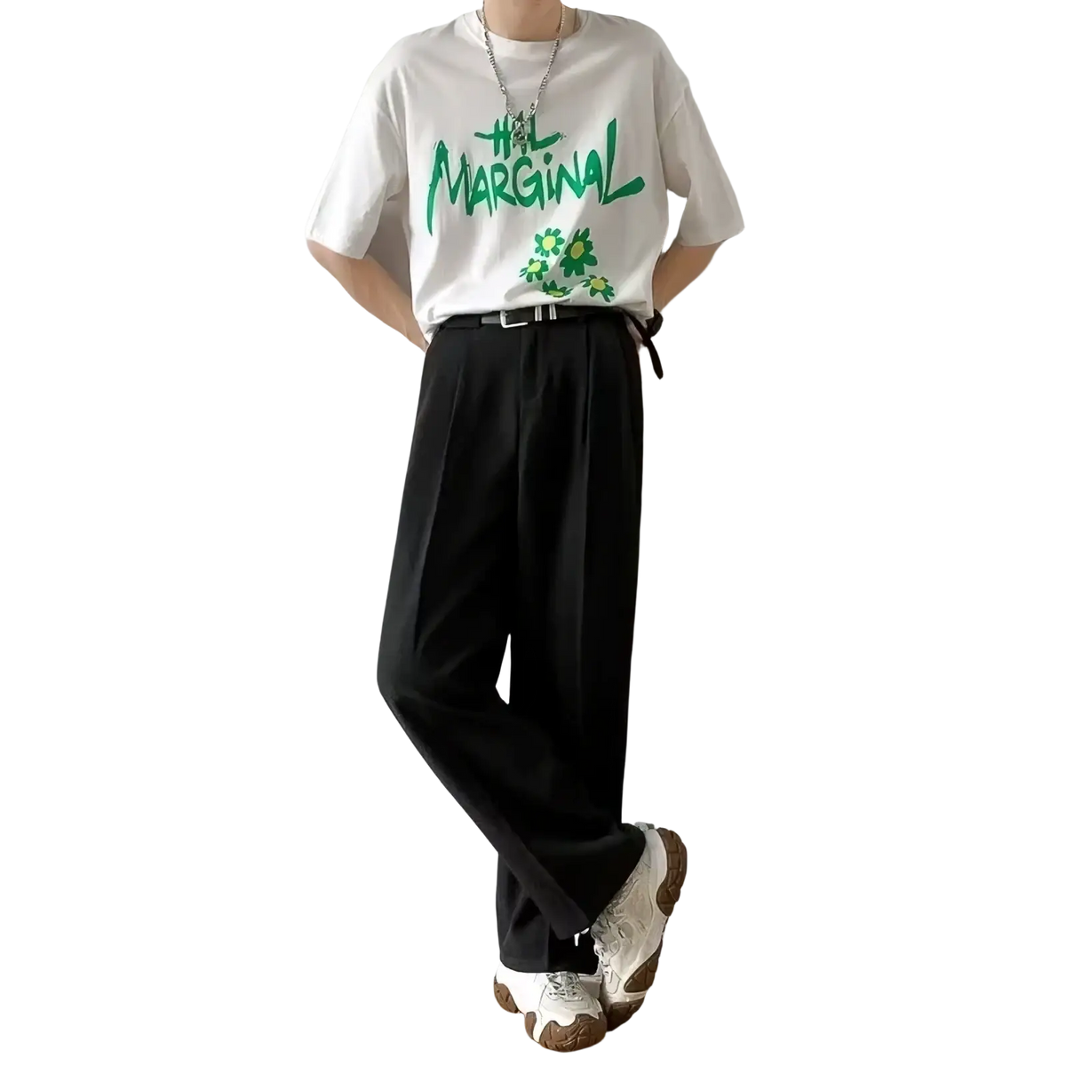 White slim fit dress pants paired with a white t-shirt featuring green marginal graffiti lettering and floral graphics