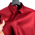 Men slim fit dress shirt in deep red satin with anti-wrinkle long sleeves and a crisp collar with matching buttons