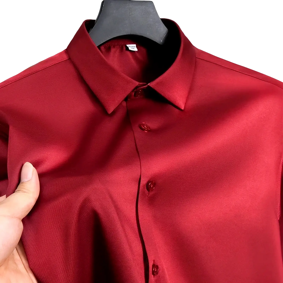 Men slim fit dress shirt in deep red satin with anti-wrinkle long sleeves and a crisp collar with matching buttons
