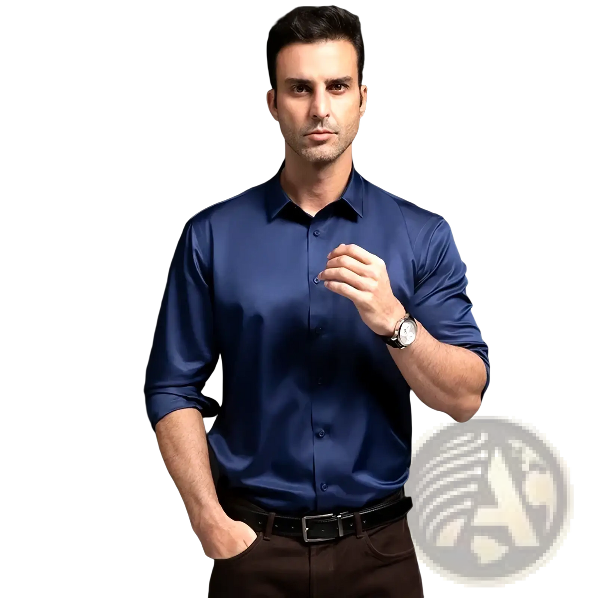 Men slim fit navy blue satin button-down dress shirt with classic collar anti-wrinkle long sleeve rolled sleeves