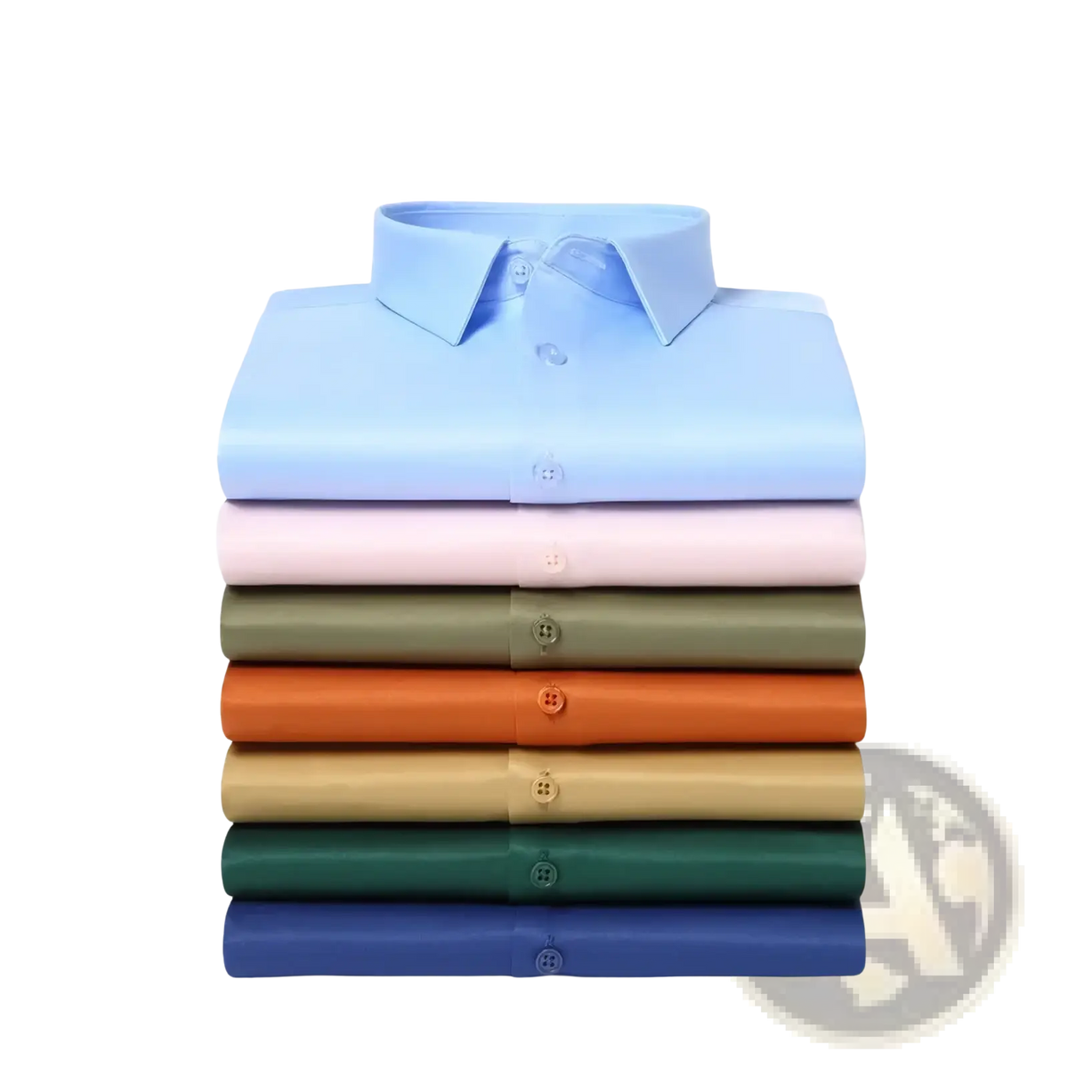 Stack of neatly folded men slim fit dress shirts in solid pastel and earthy tones with anti-wrinkle fabric