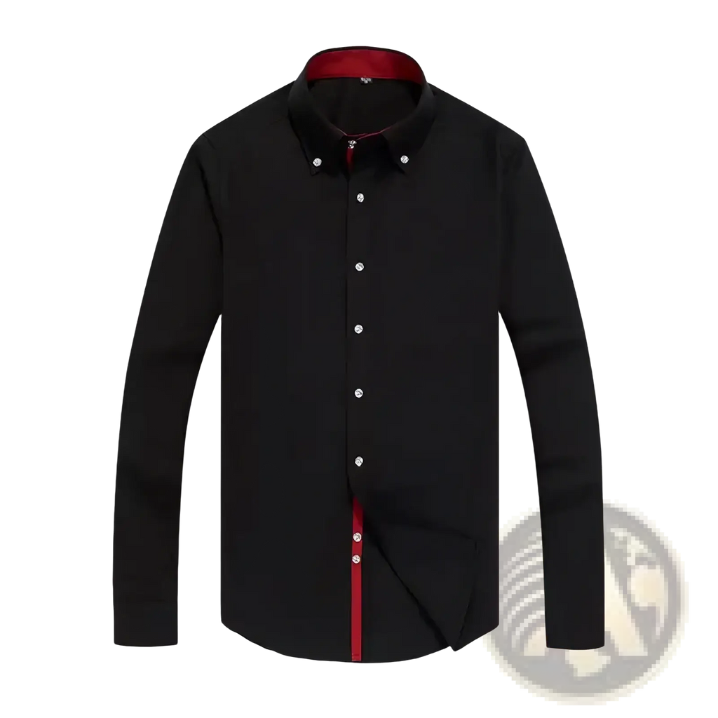 Men slim fit dress shirt button down collar in black with red inner collar and placket trim for formal wear
