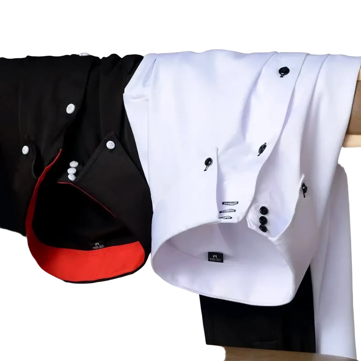 Men slim fit dress shirts in black and white with button down collar and contrasting red lining on the black shirt