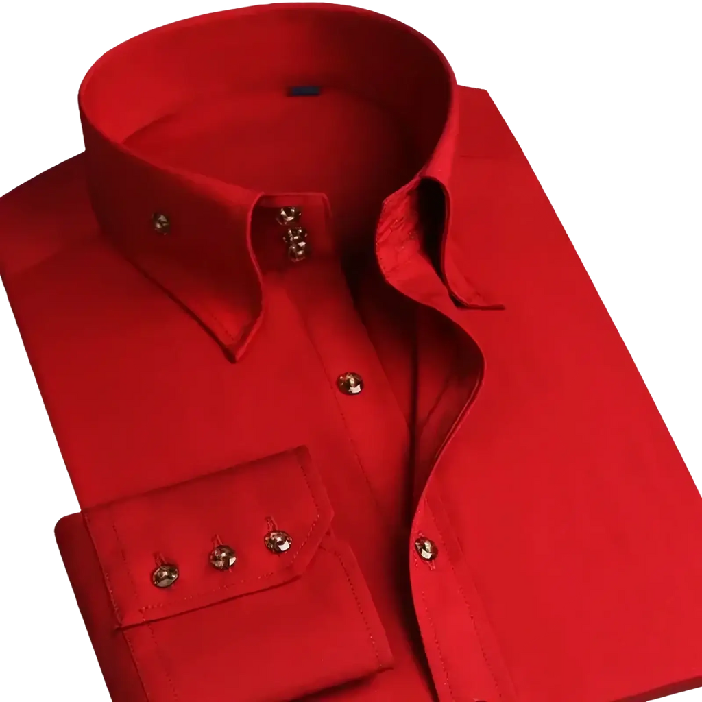 Men slim fit dress shirt button down collar in vibrant red with crisp collar and gold toned buttons on placket and cuffs