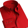 Men slim fit dress shirt button down collar in vibrant red with crisp collar and gold toned buttons on placket and cuffs