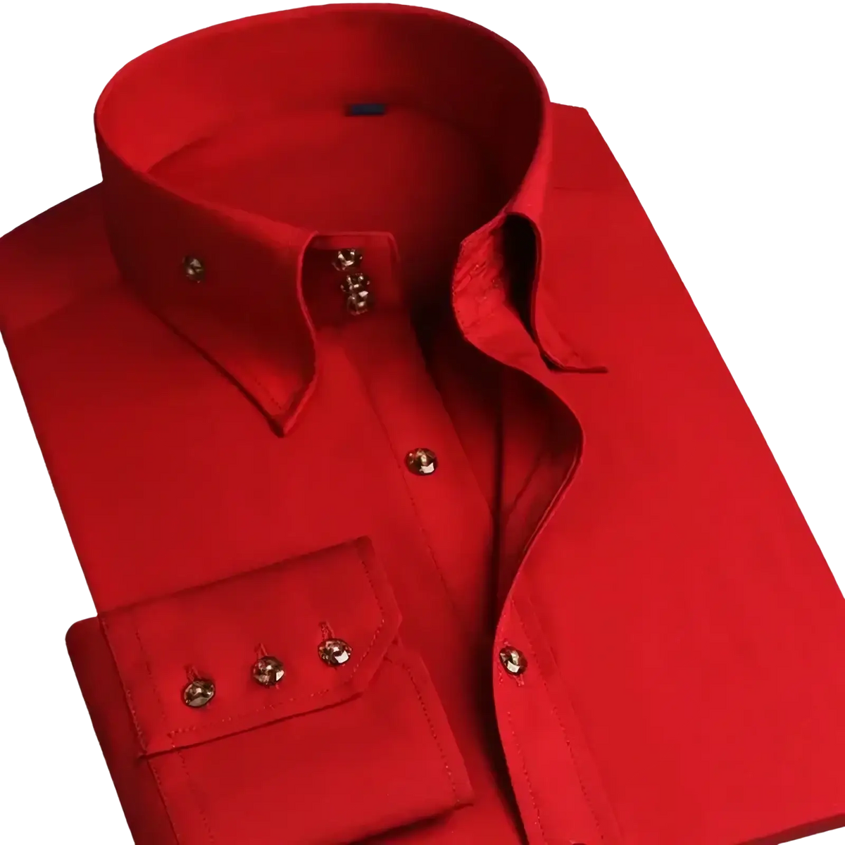 Men slim fit dress shirt button down collar in vibrant red with crisp collar and gold toned buttons on placket and cuffs