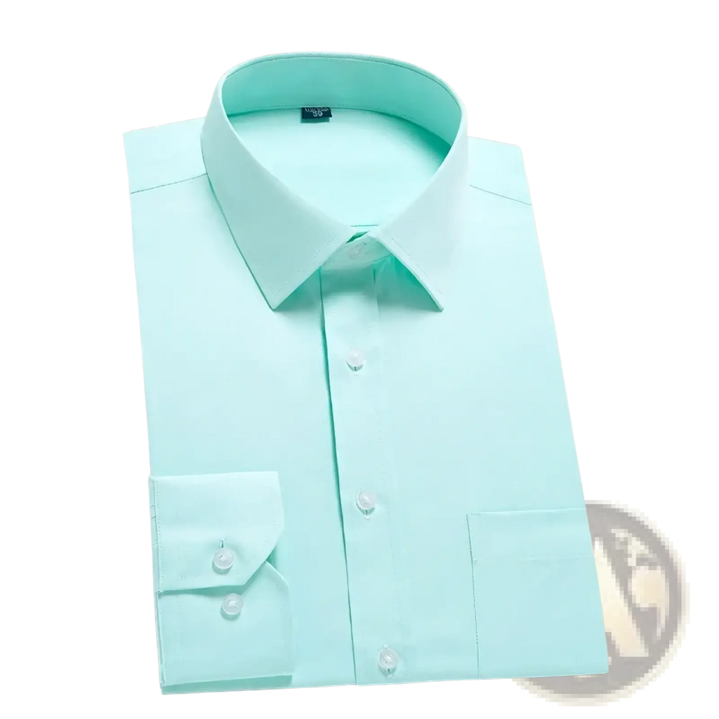 Men slim fit long sleeve business casual dress shirt in crisp ice green with subtle diagonal weave and white buttons