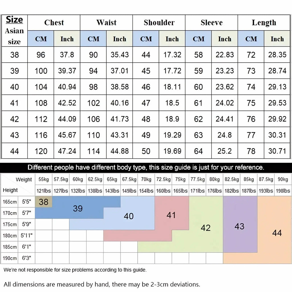 Size chart for men slim fit dress shirt long sleeve business casual showing chest waist shoulder sleeve and length in cm and inches