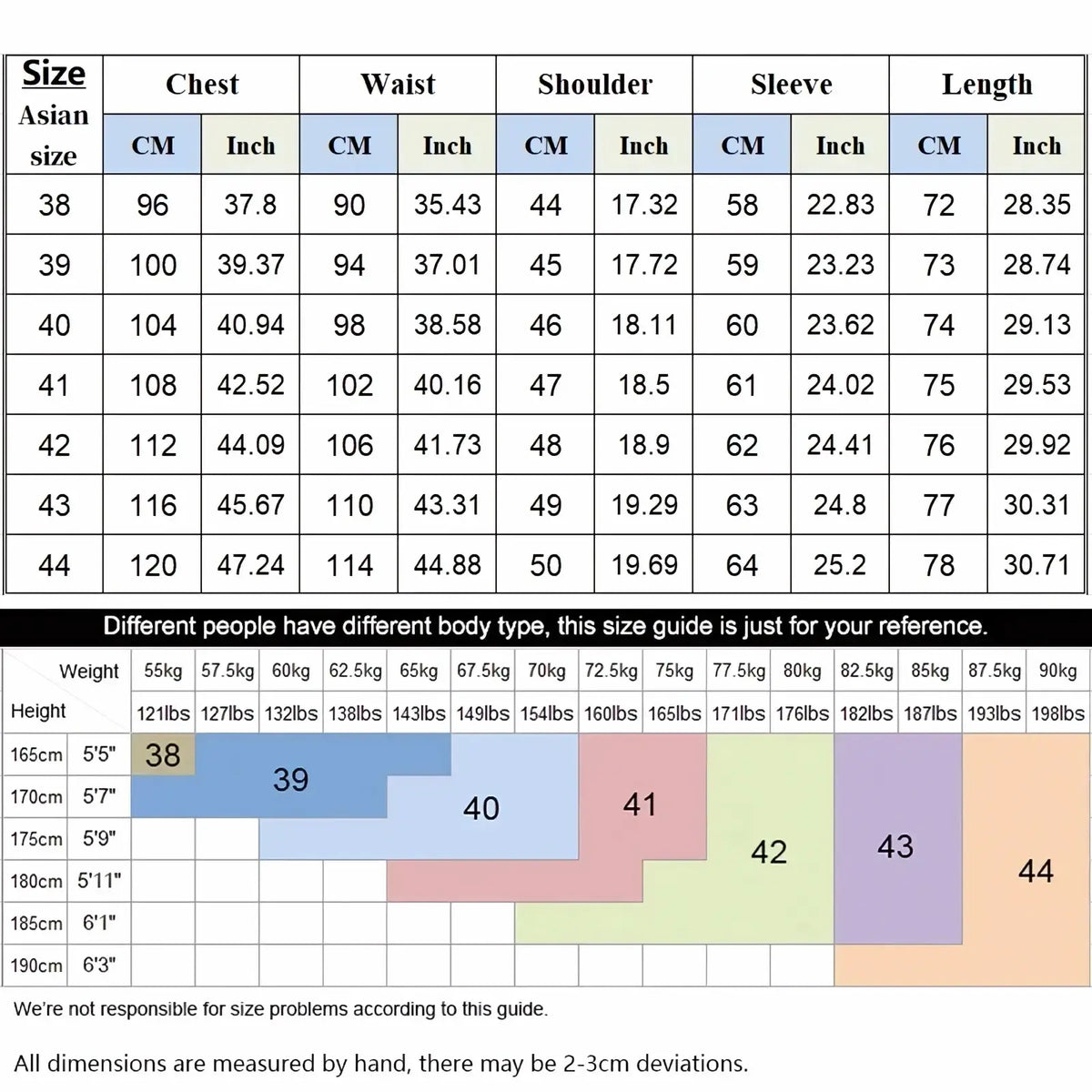 Size chart for men slim fit dress shirt long sleeve business casual showing chest waist shoulder sleeve and length in cm and inches