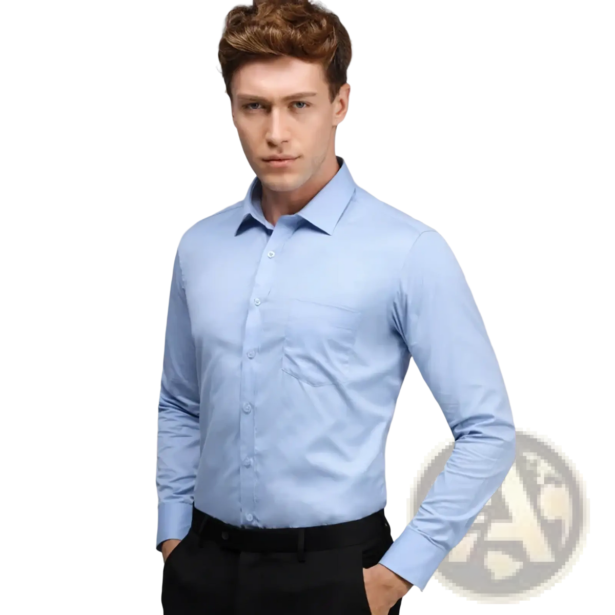 Light blue slim fit men long sleeve dress shirt with classic collar and button-down front for business casual wear
