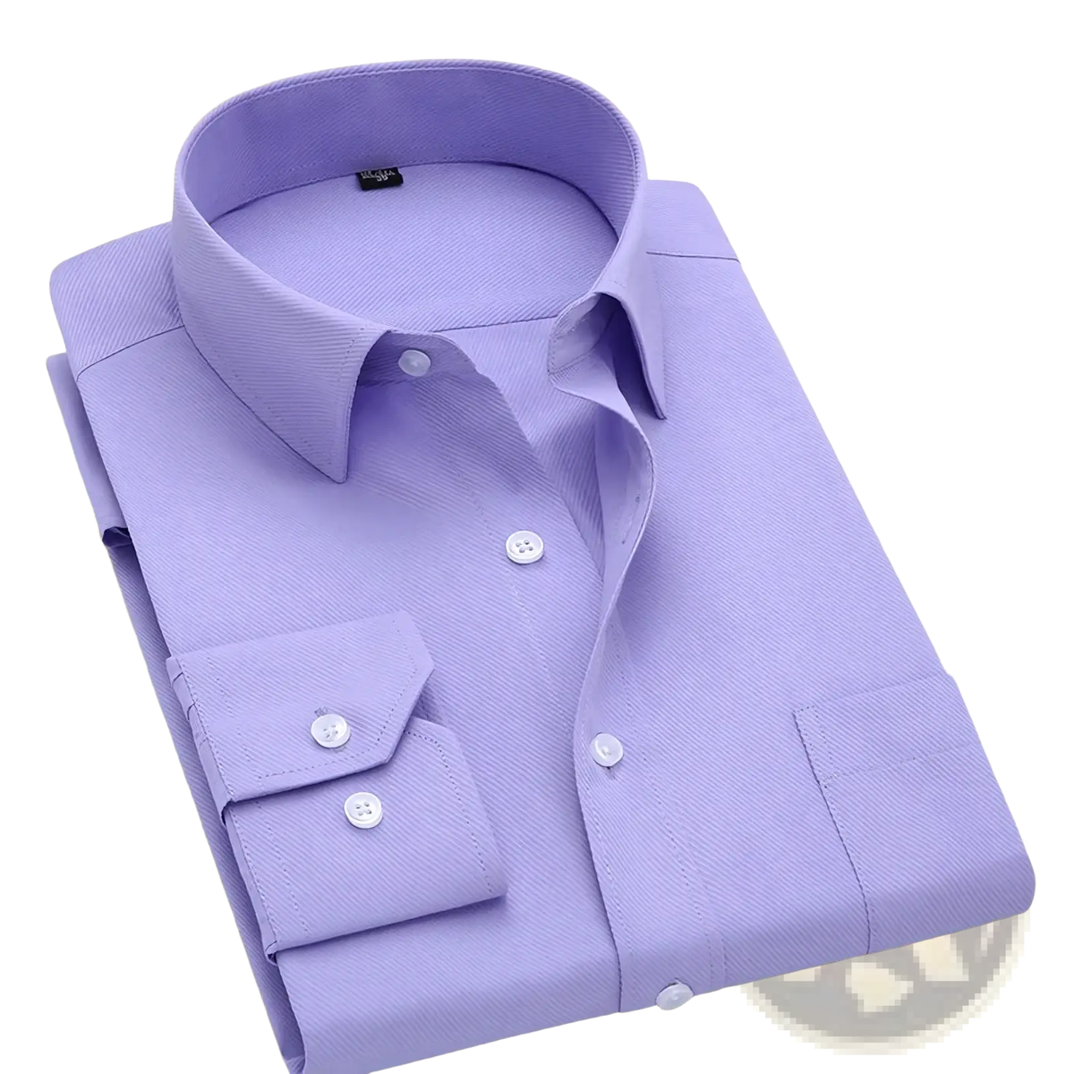 A neatly folded lavender men’s slim fit dress shirt with classic collar white buttons and subtle textured weave for business casual
