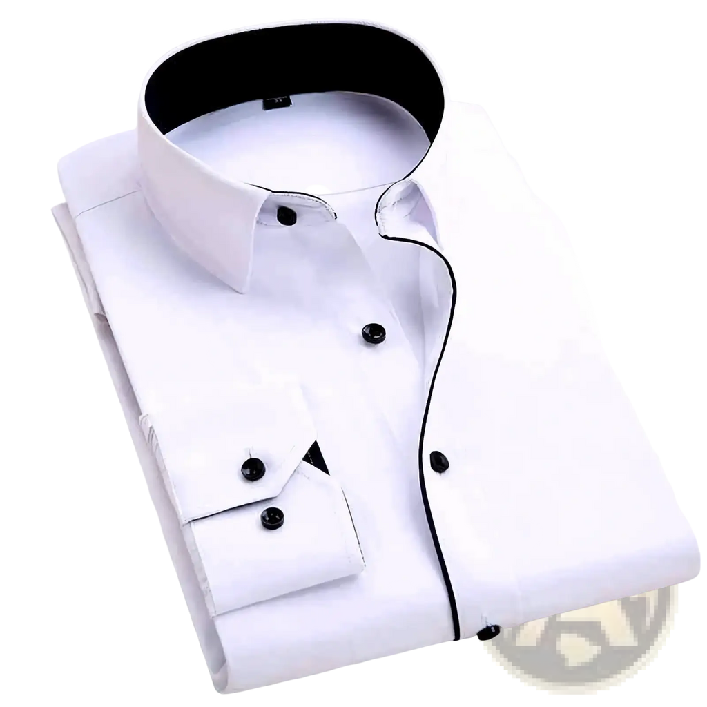Men slim fit white dress shirt with black contrast trim on collar placket and cuffs for business casual wear