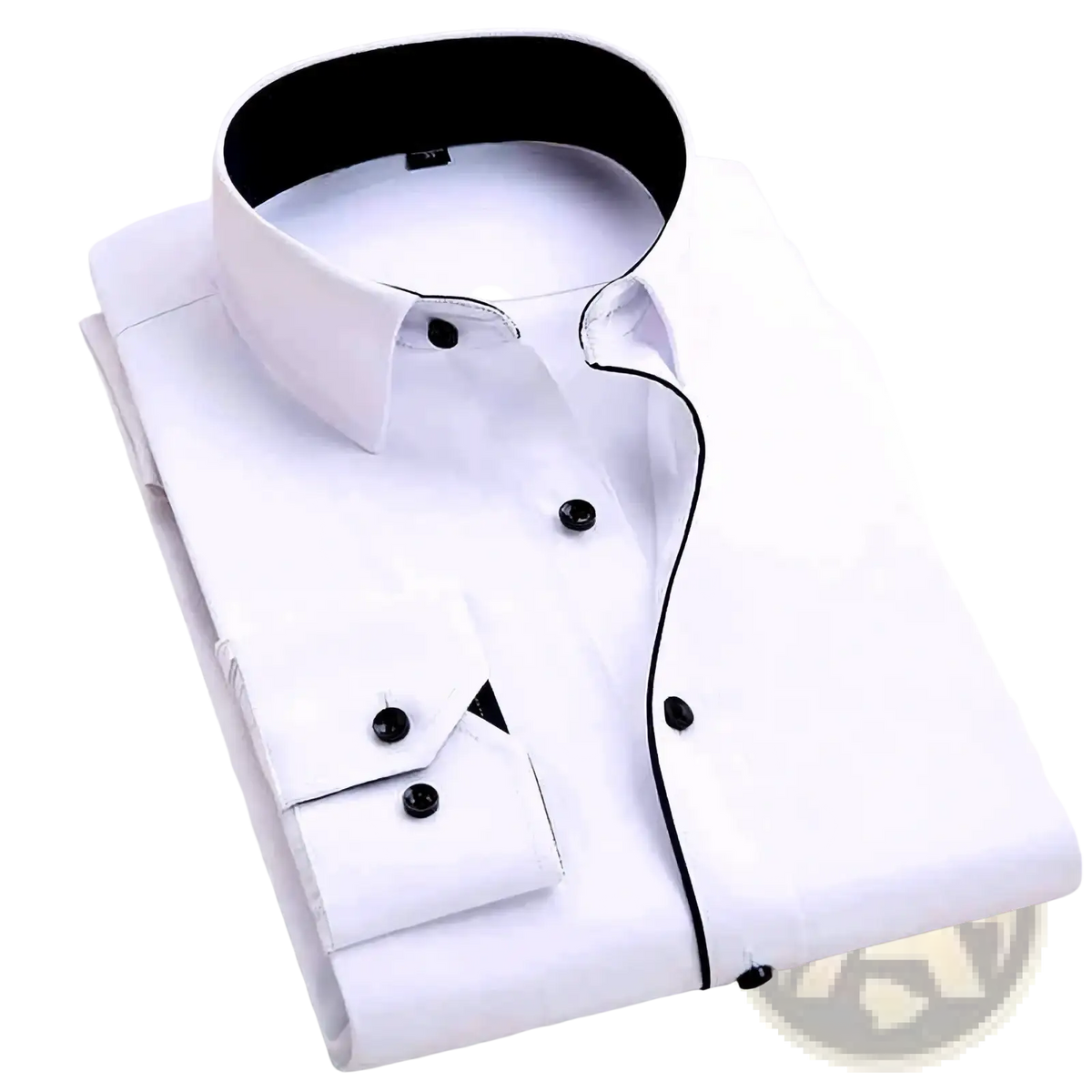 Men slim fit white dress shirt with black contrast trim on collar placket and cuffs for business casual wear