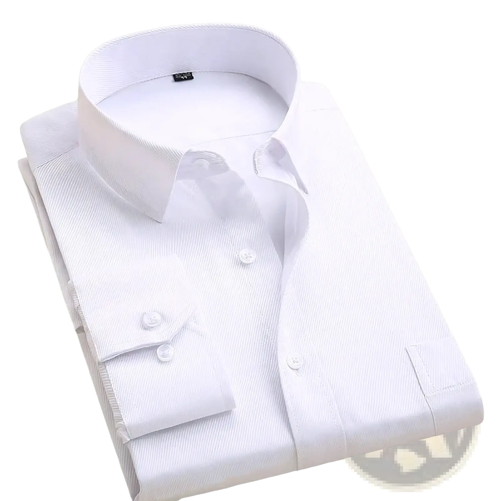 Men slim fit white dress shirt with subtle textured weave and classic button down collar for business casual wear
