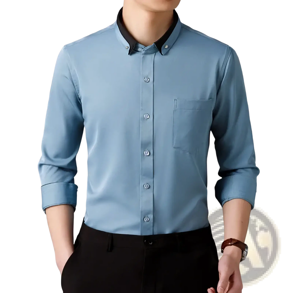Men slim fit dress shirt long sleeve formal business in light blue with black collar cuffs and single chest pocket