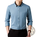 Men slim fit dress shirt long sleeve formal business in light blue with black collar cuffs and single chest pocket