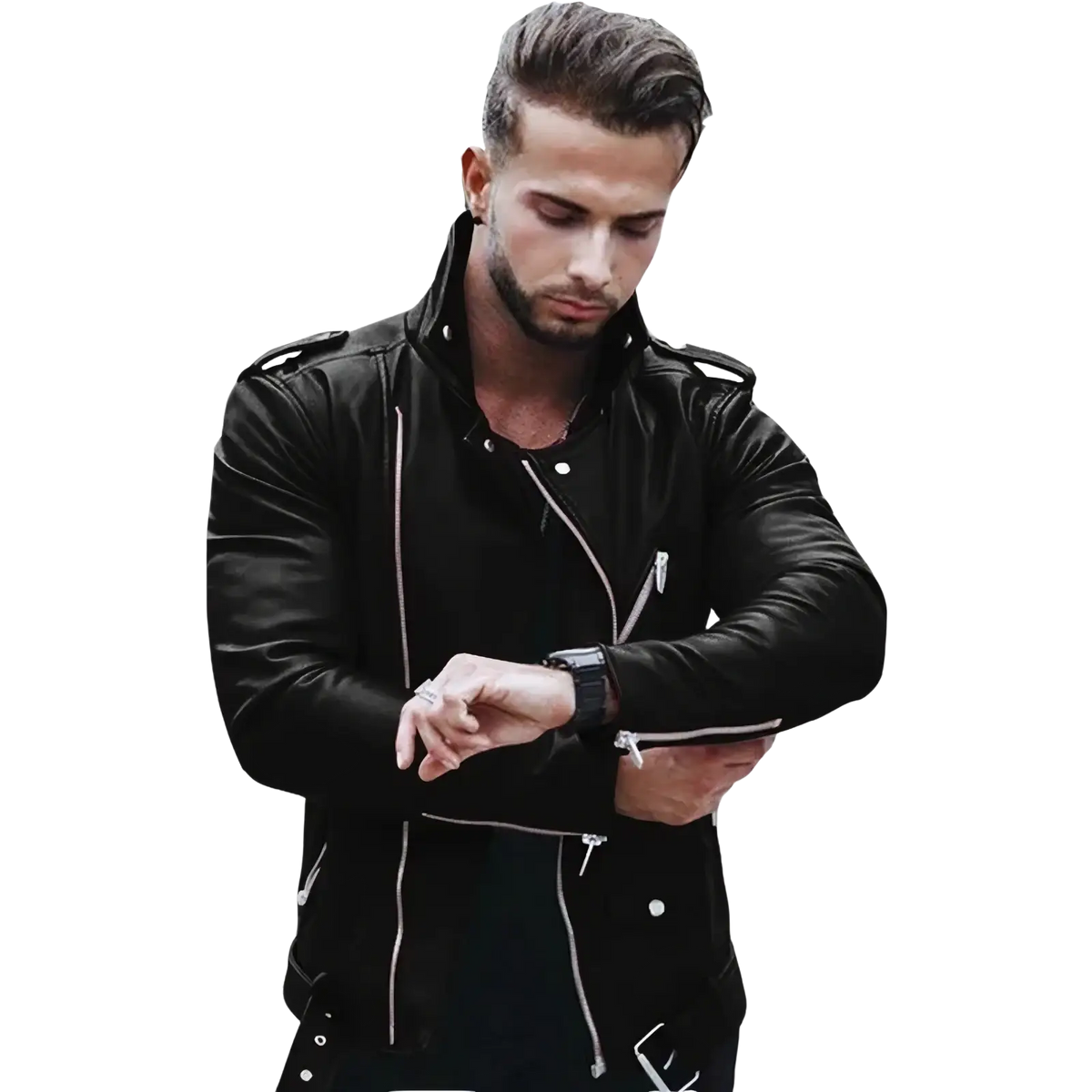 Men slim fit faux leather motorcycle jacket in black leather with silver zippers and shoulder epaulets shown from front