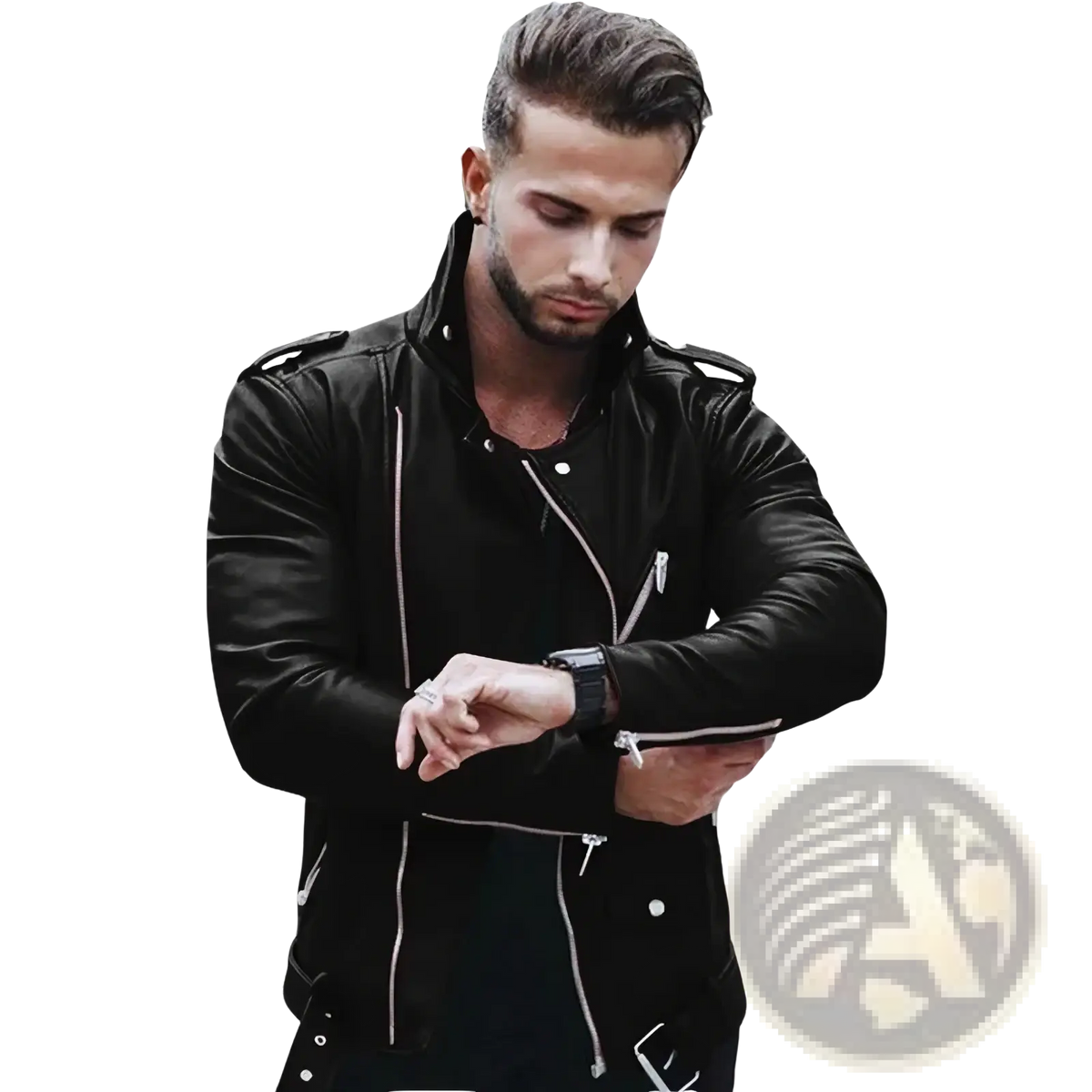 Men slim fit faux leather motorcycle jacket in black leather with silver zippers and shoulder epaulets shown from front
