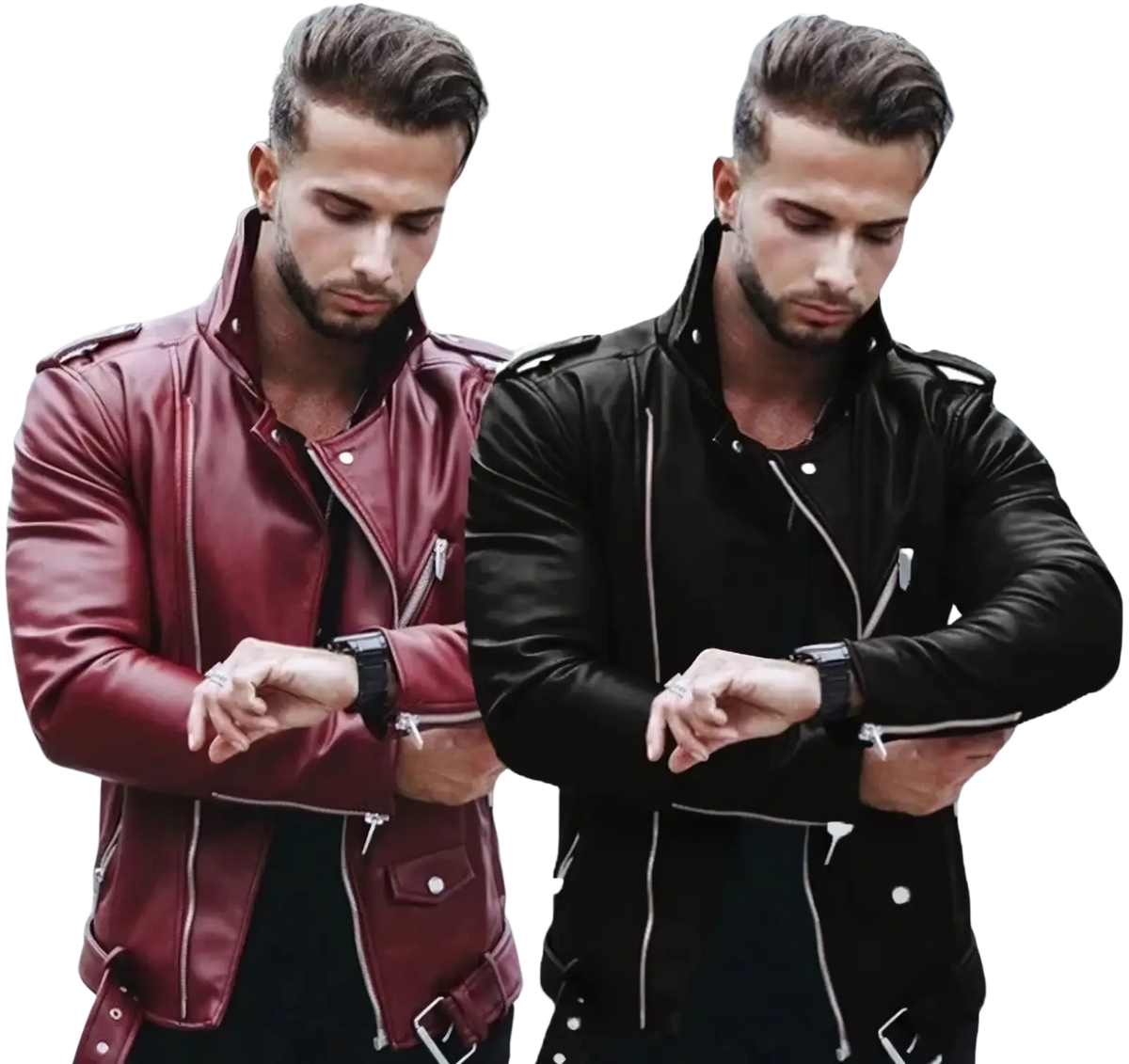 Men slim fit faux leather motorcycle jackets in black and burgundy with silver zippers for stylish biker wear