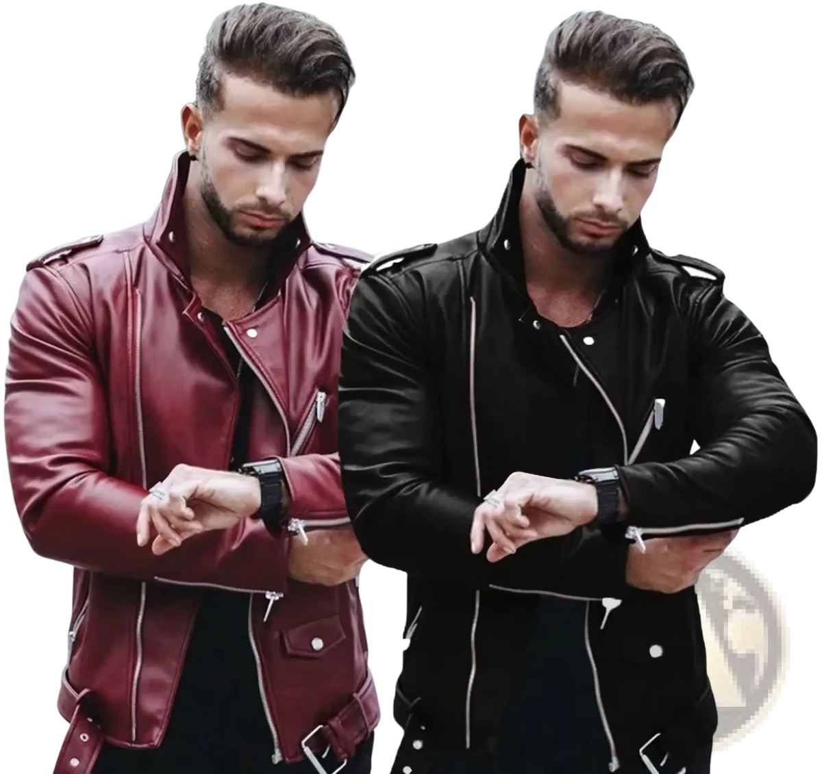Men slim fit faux leather motorcycle jackets in black and burgundy with silver zippers for stylish biker wear