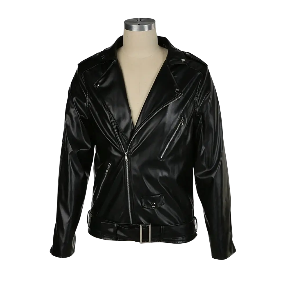 Men slim fit faux leather motorcycle jacket in black with glossy finish silver zippers and matching belt