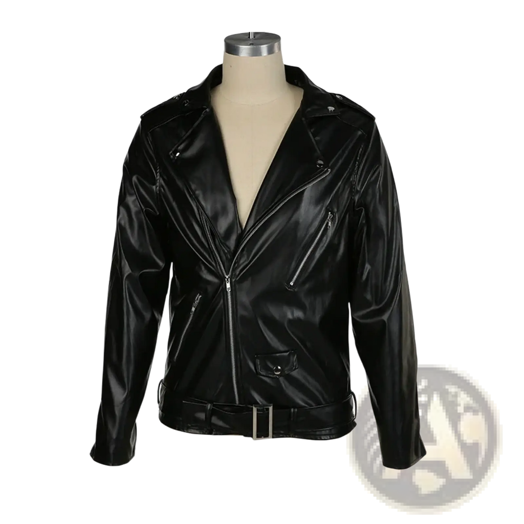 Men slim fit faux leather motorcycle jacket in black with glossy finish silver zippers and matching belt