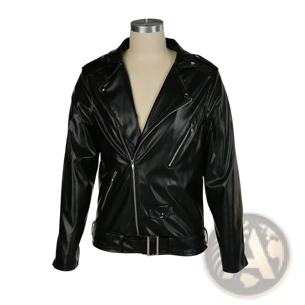 Men slim fit faux leather motorcycle jacket in black with glossy finish silver zippers and matching belt