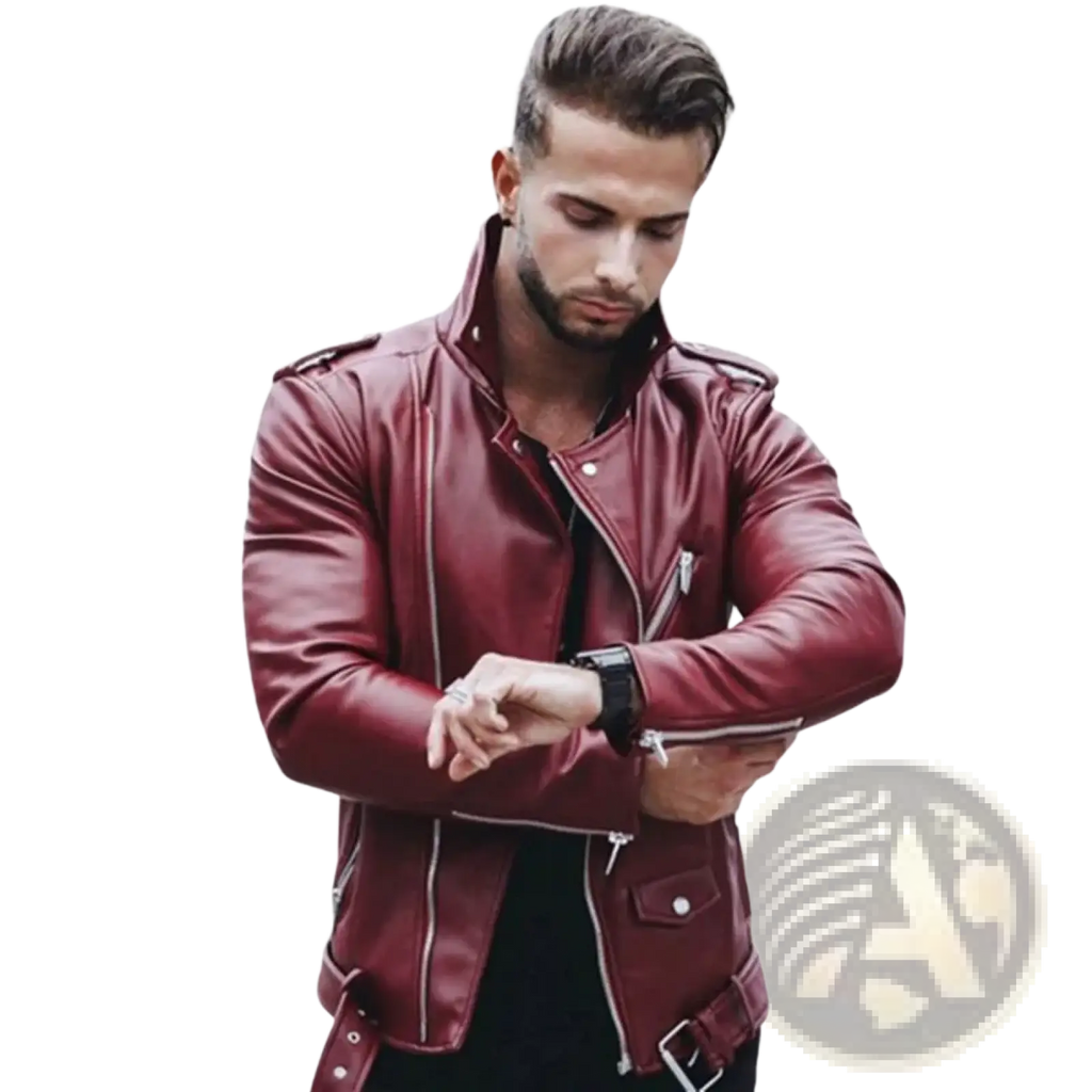 Men slim fit faux leather motorcycle jacket in burgundy with silver zippers and shoulder epaulets for a sleek look