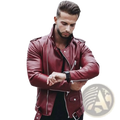 Men slim fit faux leather motorcycle jacket in burgundy with silver zippers and shoulder epaulets for a sleek look
