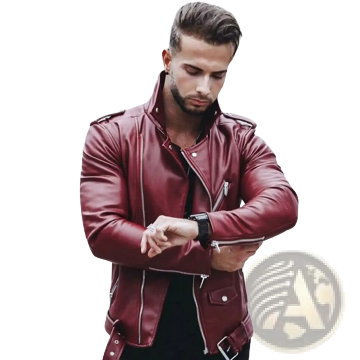 Men slim fit faux leather motorcycle jacket in burgundy with silver zippers and shoulder epaulets for a sleek look