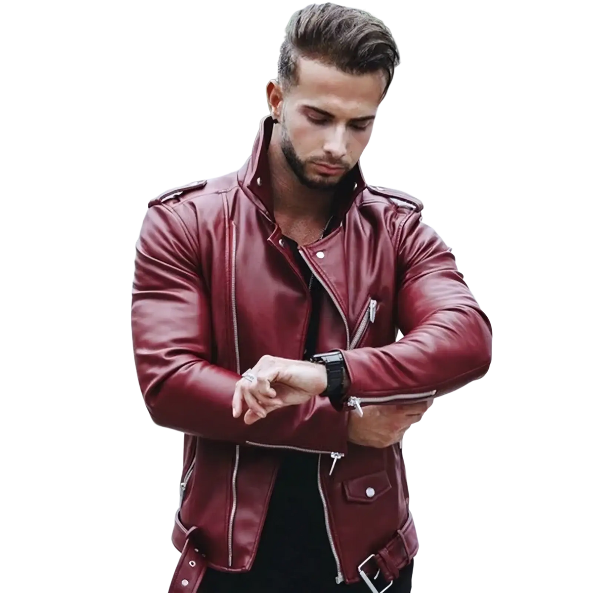 Men slim fit faux leather motorcycle jacket in rich burgundy with silver zippers and shoulder epaulets