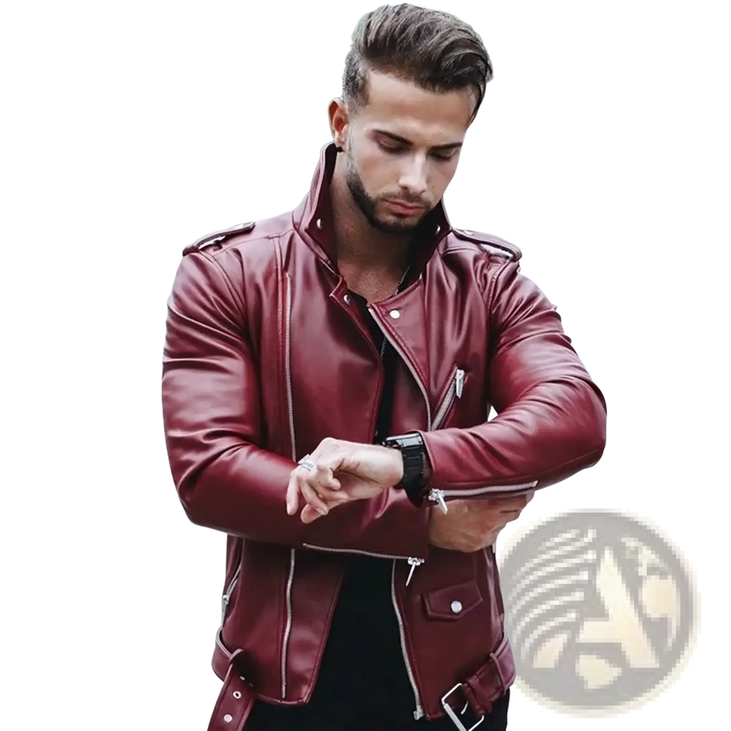Men slim fit faux leather motorcycle jacket in rich burgundy with silver zippers and shoulder epaulets