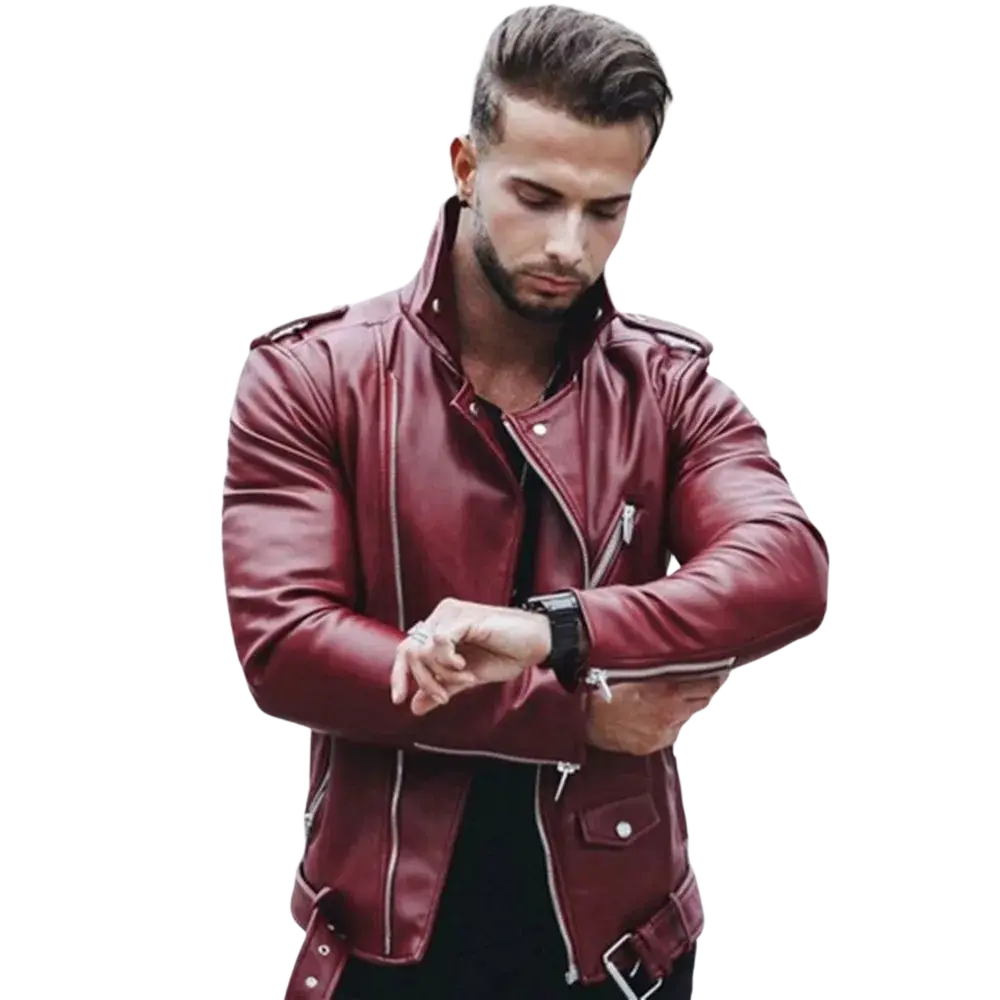 Men slim fit faux leather motorcycle jacket in burgundy with silver zippers and shoulder epaulets for a sleek look