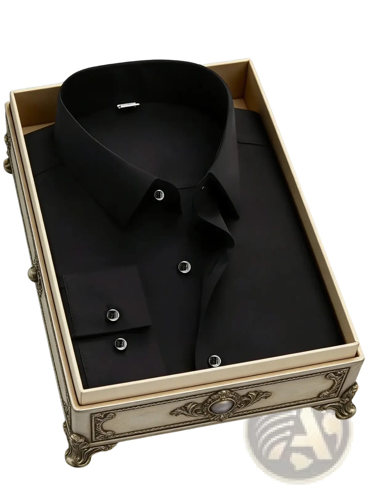 Men slim fit formal dress shirt in black with classic collar buttoned cuffs and silver toned buttons