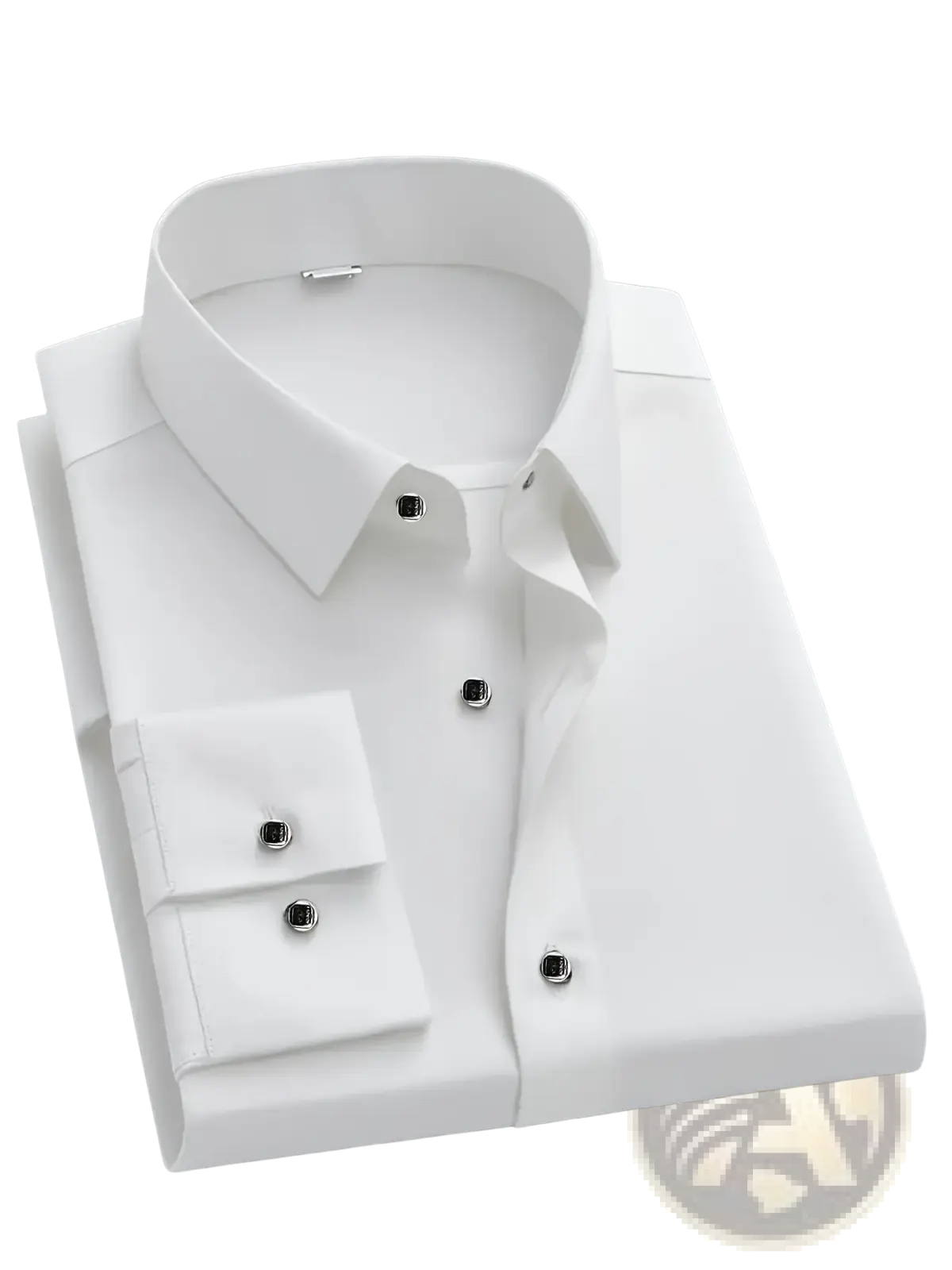 Men slim fit formal dress shirt in crisp white with classic collar buttoned cuffs and sleek black buttons