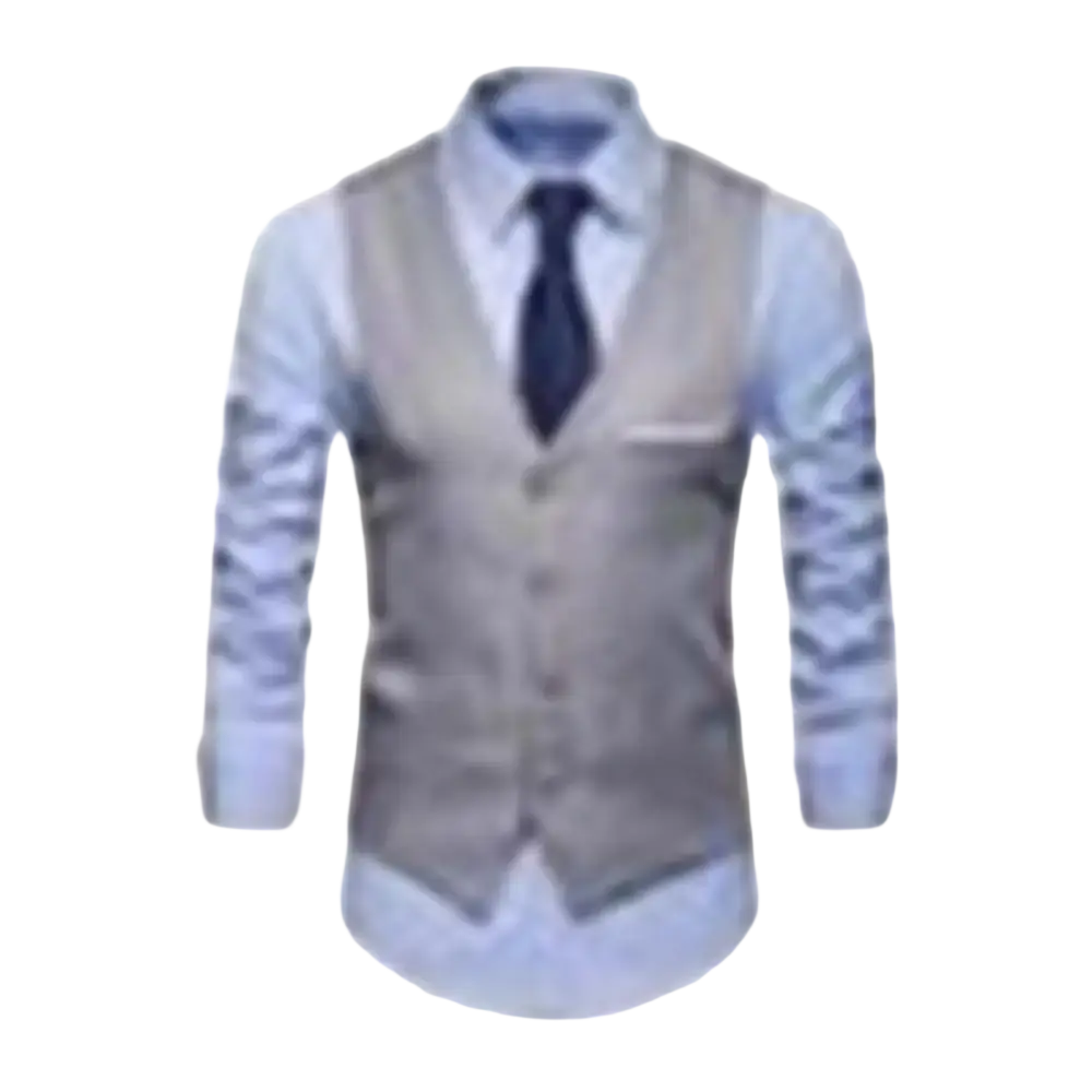 Men slim fit formal suit beige button-up vest over light blue patterned dress shirt with dark tie for professional wear