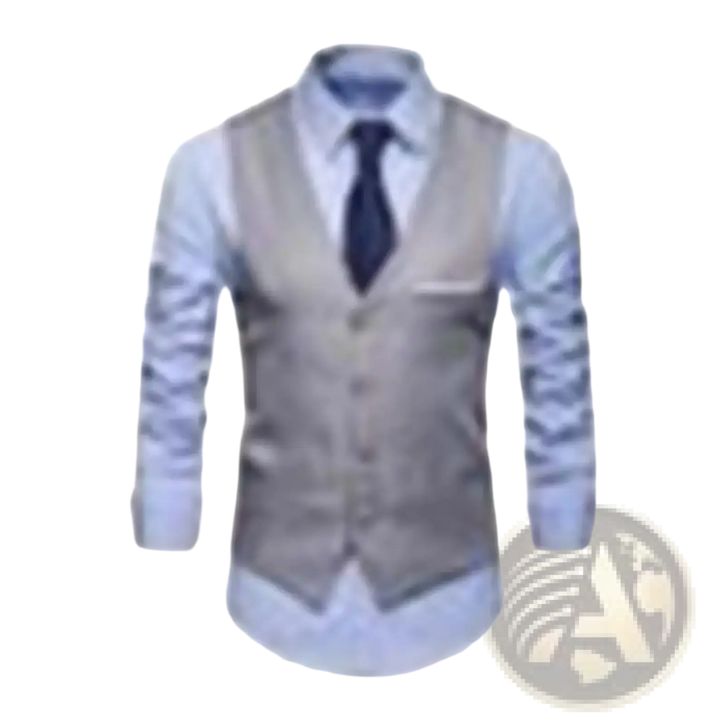 Men slim fit formal suit beige button-up vest over light blue patterned dress shirt with dark tie for professional wear