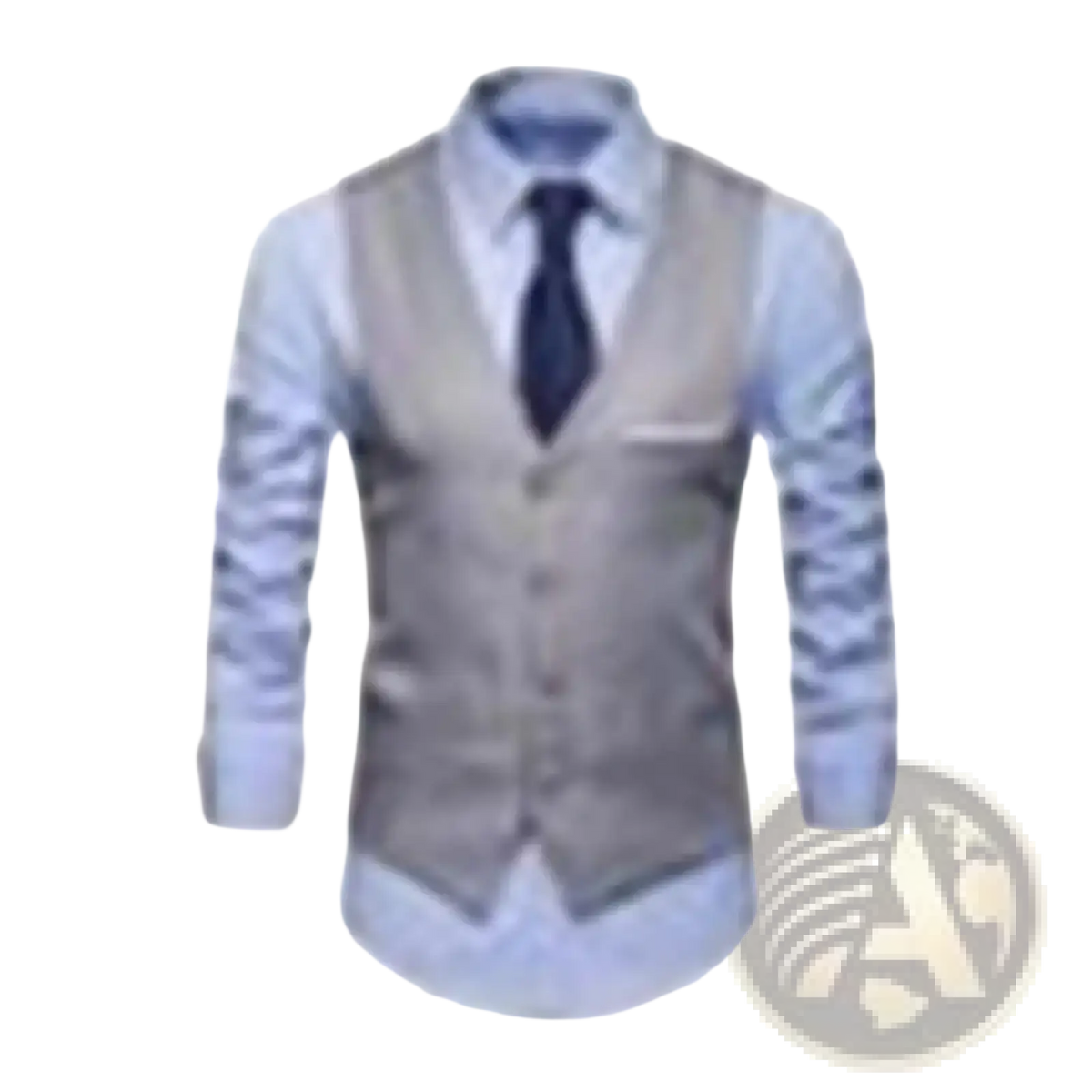 Men slim fit formal suit beige button-up vest over light blue patterned dress shirt with dark tie for professional wear