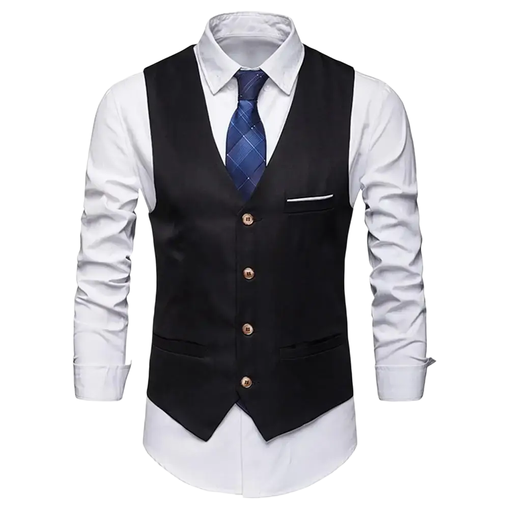 Men slim fit formal suit vest in black with gold toned buttons and single breast pocket worn over white dress shirt