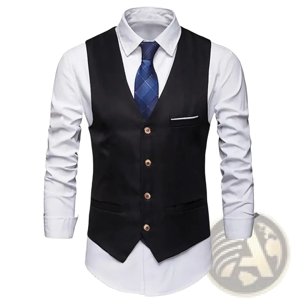 Men slim fit formal suit vest in black with gold toned buttons and single breast pocket worn over white dress shirt