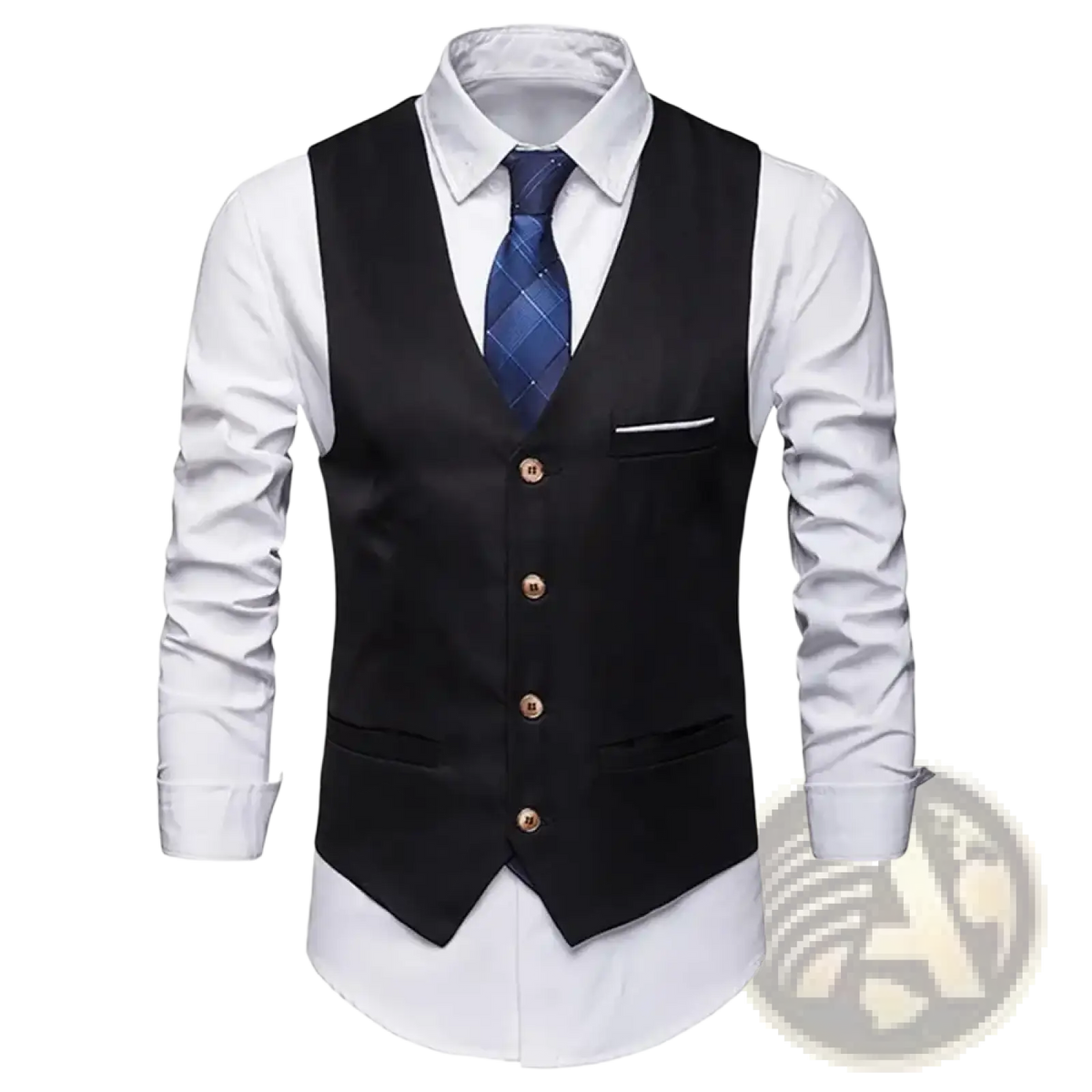 Men slim fit formal suit vest in black with gold toned buttons and single breast pocket worn over white dress shirt