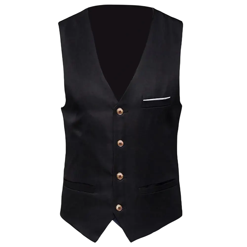 Men slim fit formal suit vest in black satin with gold-toned buttons and a white-trimmed pocket detail