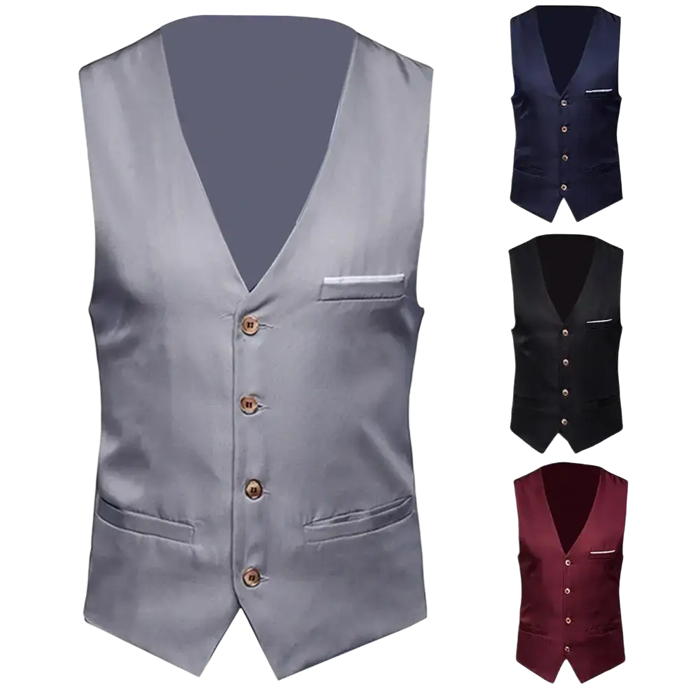 Men slim fit formal suit vest in gray satin with wooden buttons and v-neck design