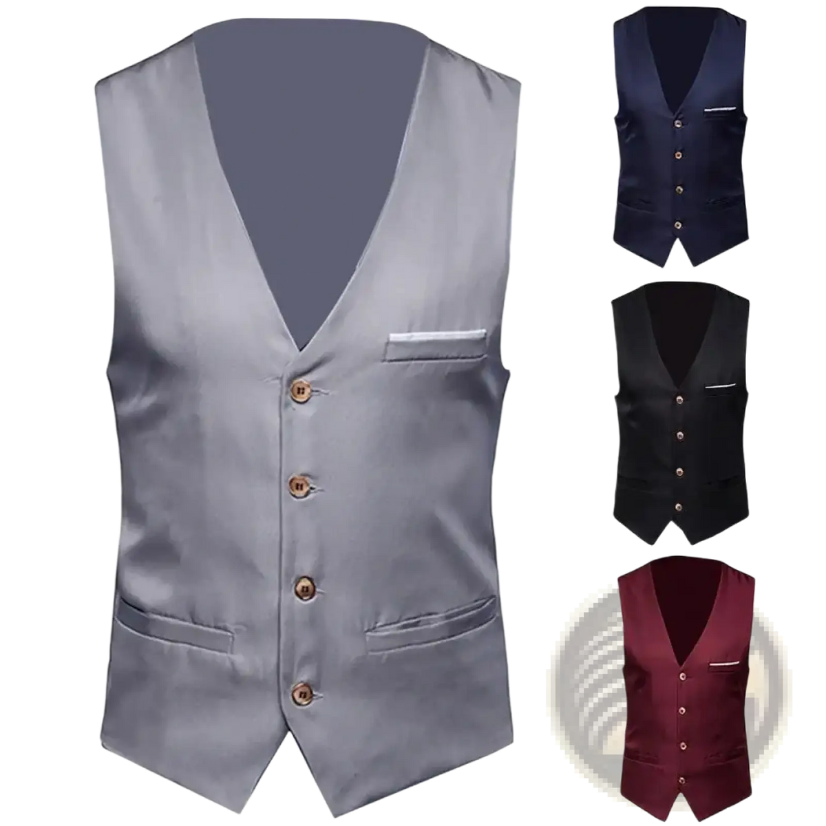 Men slim fit formal suit vest in gray satin with wooden buttons and v-neck design