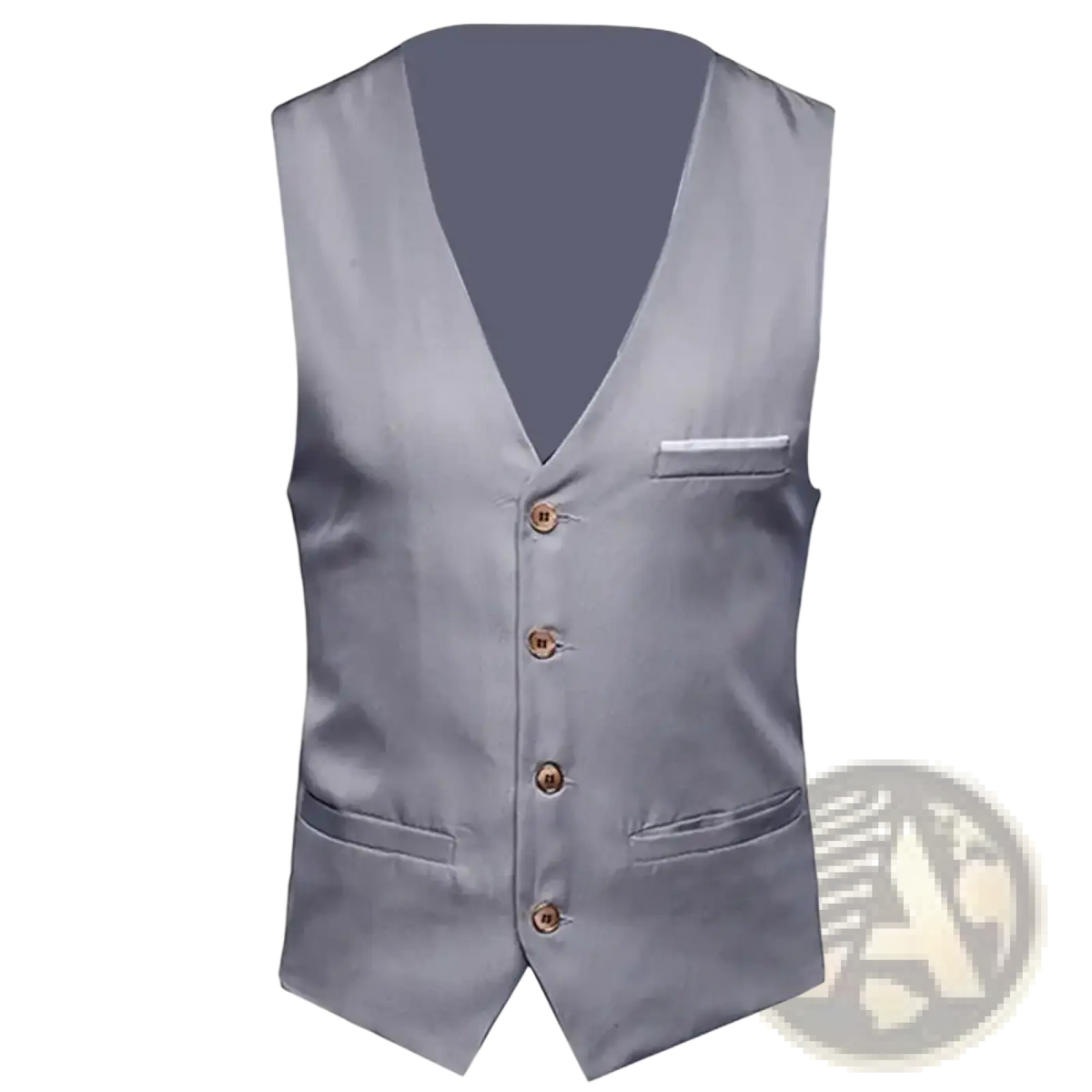Men slim fit formal suit vest in silver-gray satin with v-neckline and four matching wooden buttons