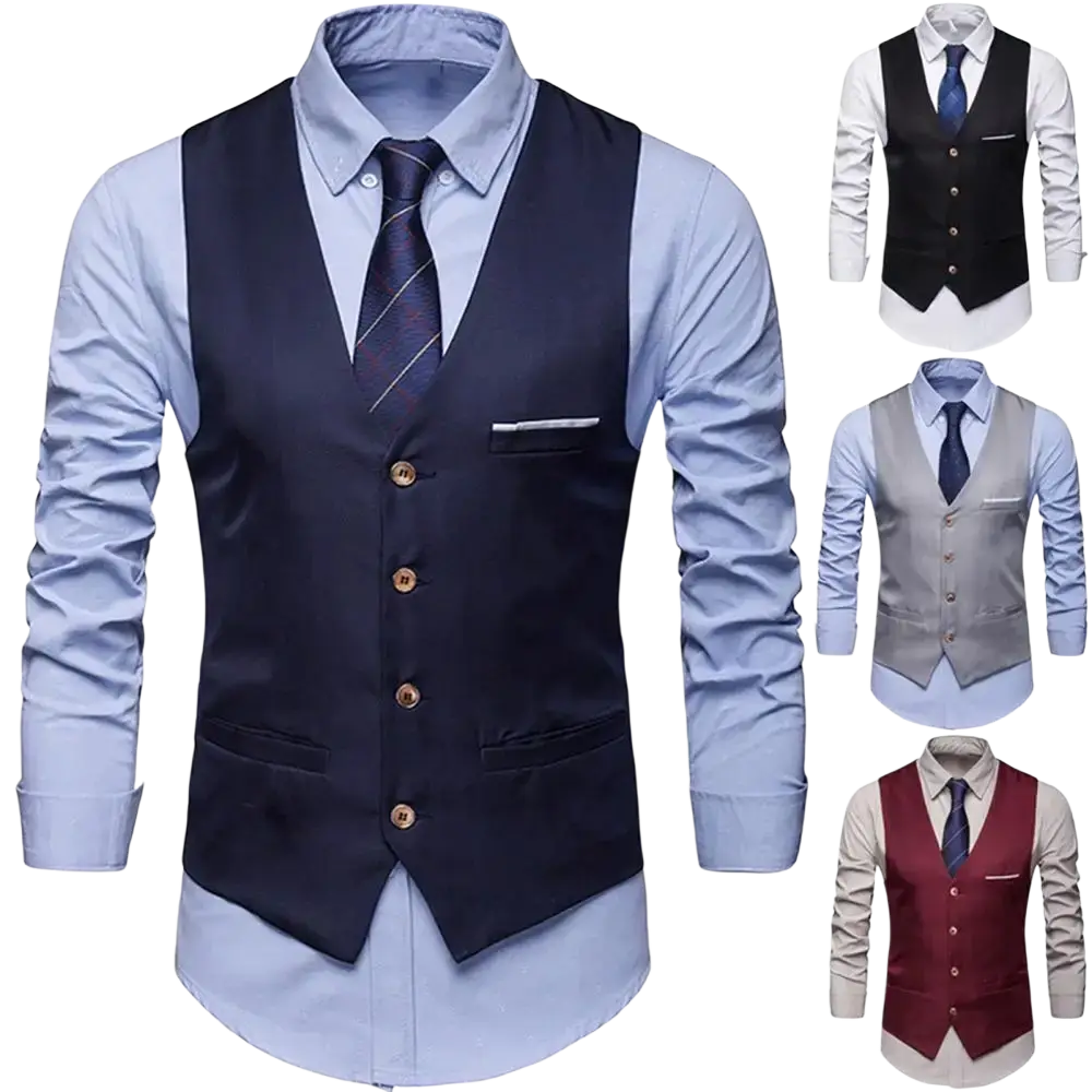 Men slim fit formal suit vest in navy blue with wooden buttons and matching pocket square for elegant occasions